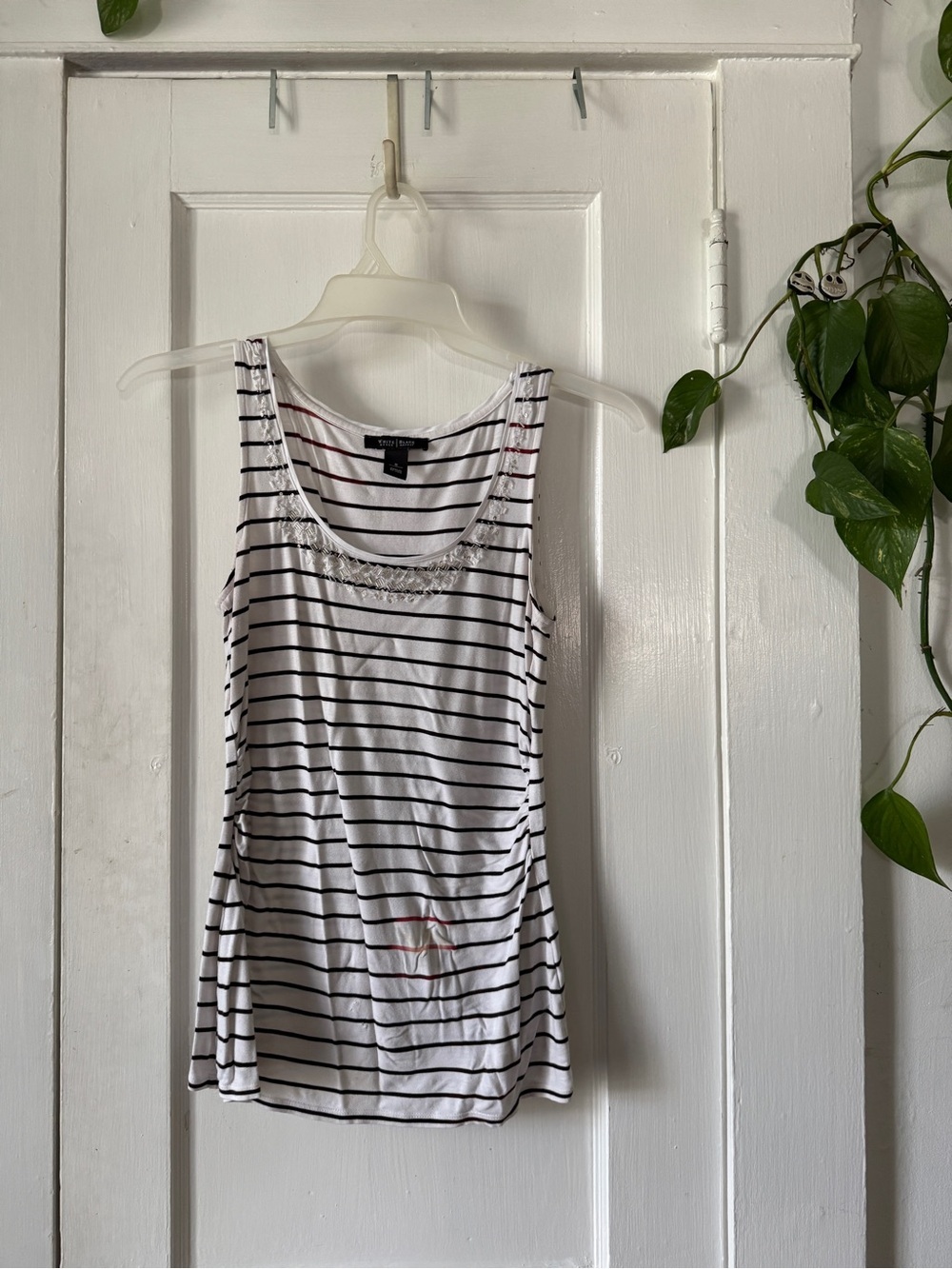 White House Black Market White and Black Striped Lace-Trim Tank
